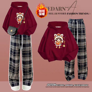秋冬本命年马年过年拜年服红色加绒卫衣套装女大童初中学生两件套