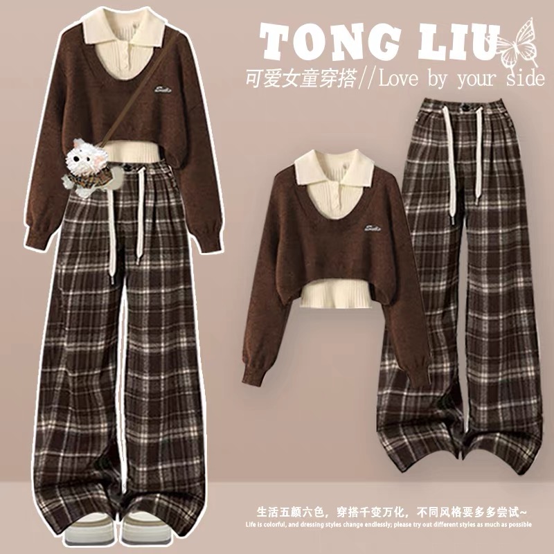 女大童美拉德初中生学院风早秋季穿搭洋气时髦针织衫阔腿裤三件套