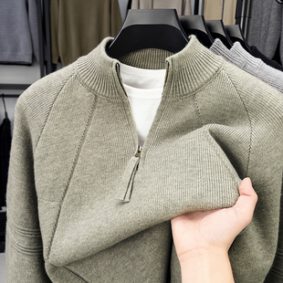 秋冬季男士半高拉链针织毛衣青年复古提花针织衫纯色百搭休闲毛衣