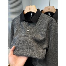 假两件衬衫领卫衣男款秋冬季潮流加绒加厚针织毛衣男装套头上衣服