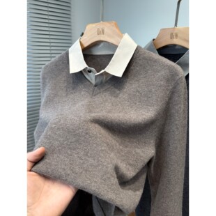 100绵羊毛衫男假两件针织衫秋冬季中年衬衫领毛衣男装套头打底薄