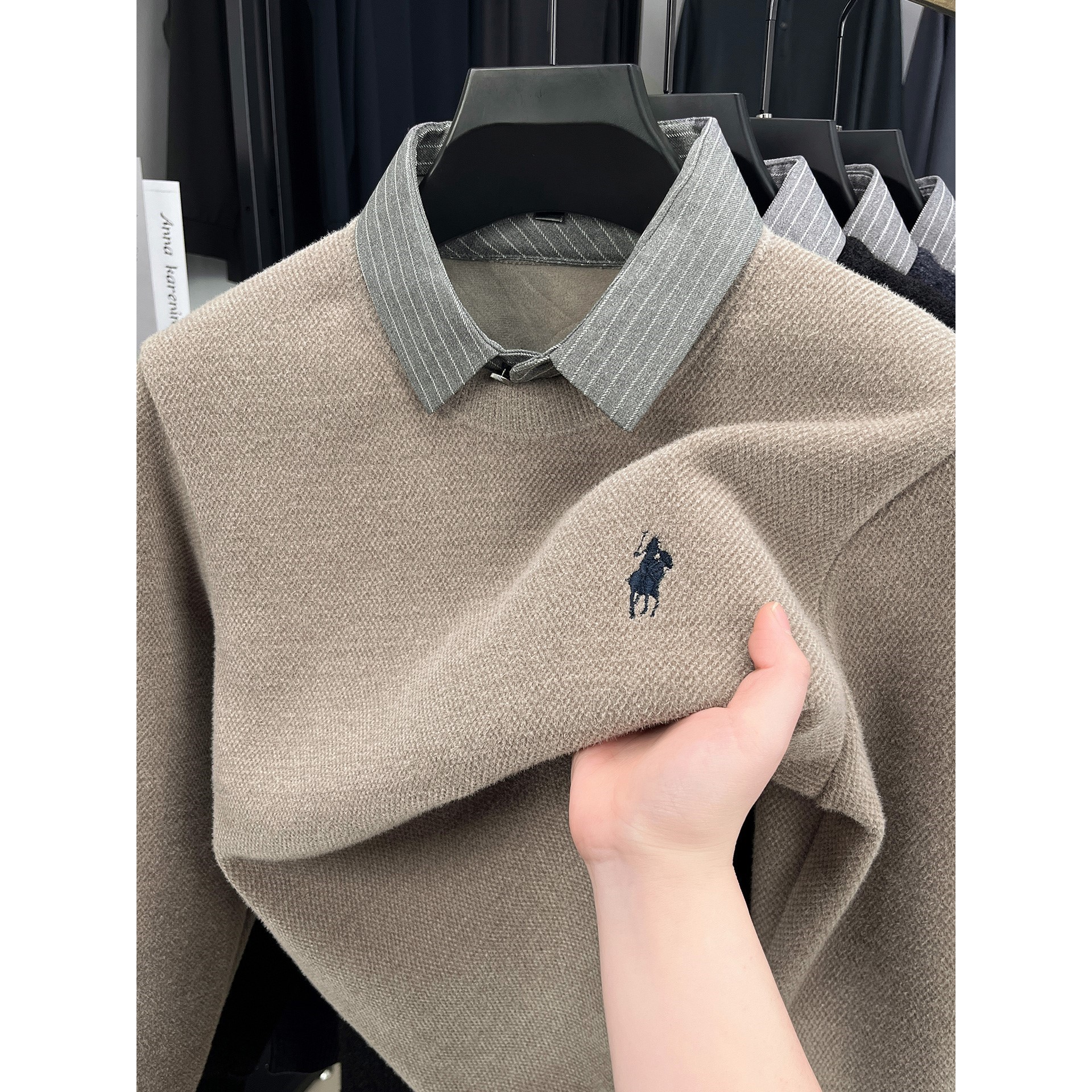 衬衫领假两件毛衣男加绒加厚冬季