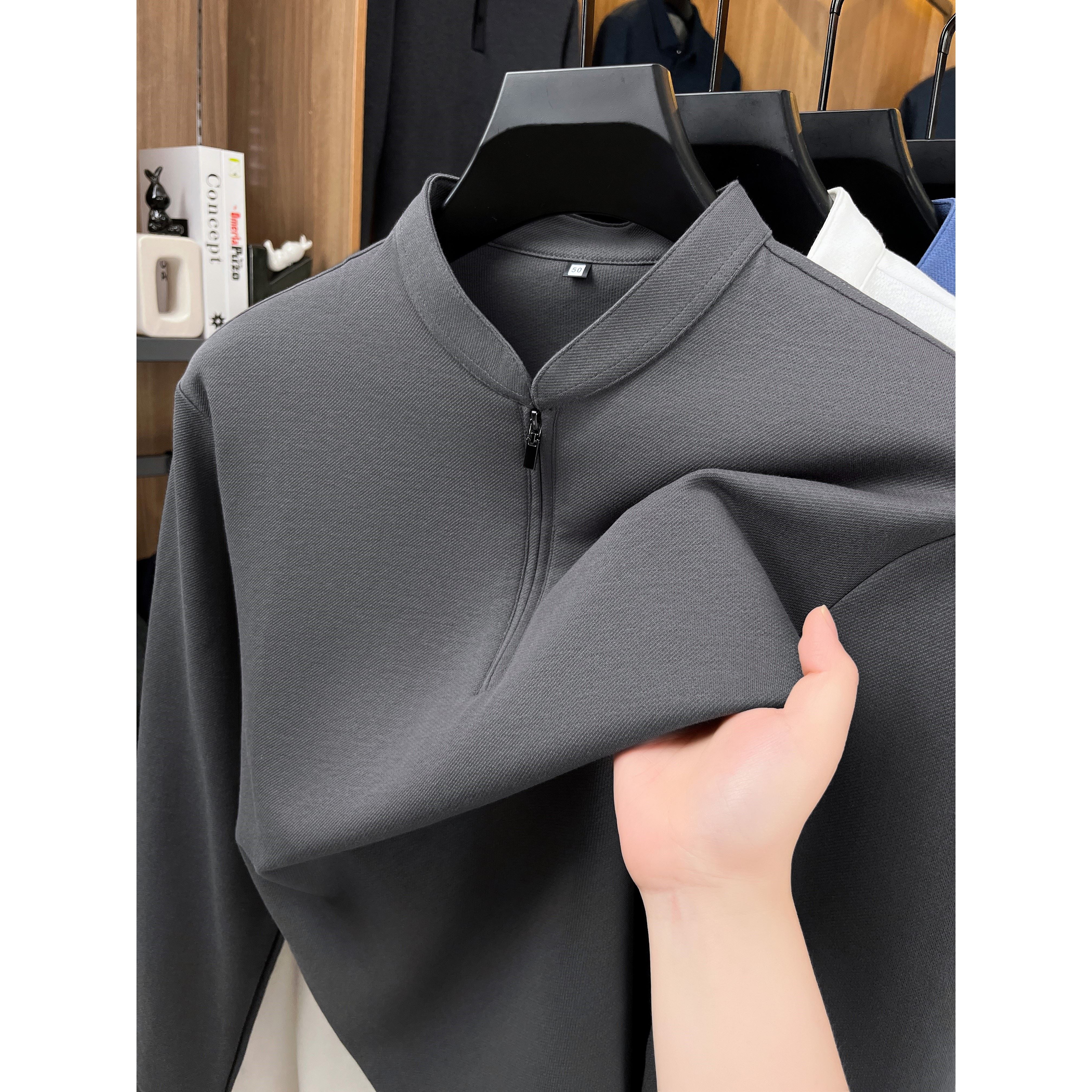 春秋季新款丝光棉男士半拉链小立领长袖T恤衫中年纯色休闲打底