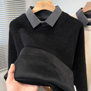 雪尼尔加绒加厚毛衣男衬衫领假两件套针织衫冬季保暖内搭上衣休闲