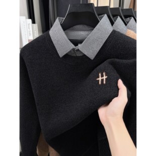 2025新款男士假两件衬衫领针织衫加绒加厚刺绣一体绒毛衣冬季潮流