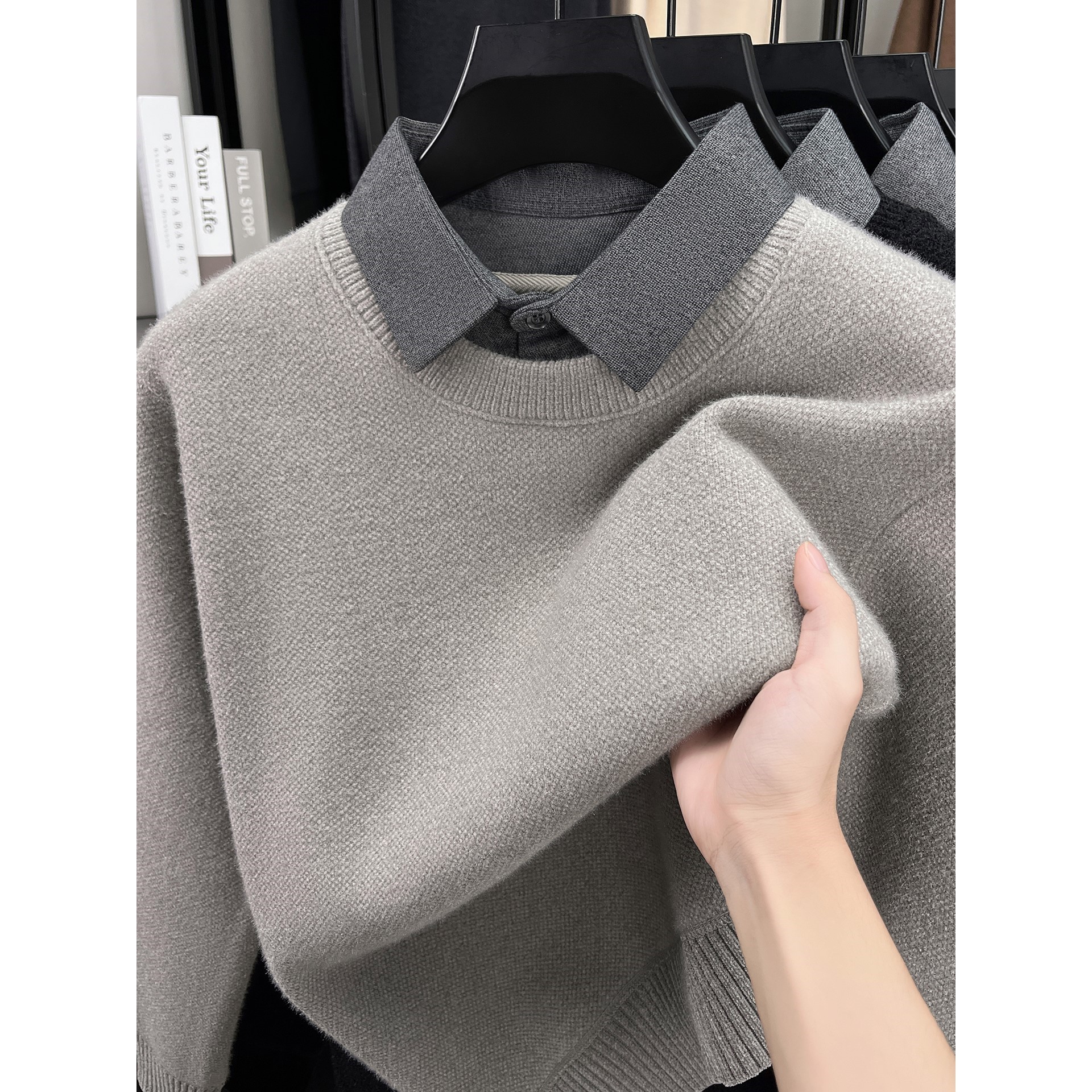 雪尼尔假两件衬衫领毛衣男秋冬加