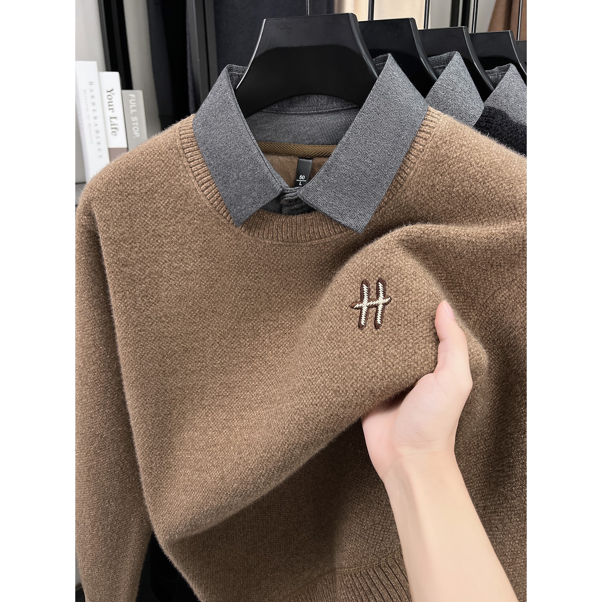 2025新款男士假两件衬衫领针织衫