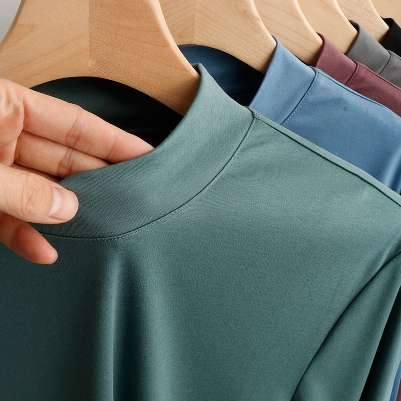 不挑人~丝光爽滑高端春秋季半高领打底衫冰丝光棉男士t恤潮流全棉