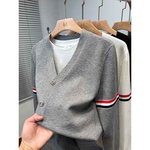 经典品牌V领开衫男针织衫春秋季tb毛衣外套男装休闲外搭纽扣薄款