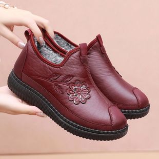 棉靴防滑保暖 冬季 老北京棉鞋 女加绒加厚妈妈鞋 皮面防水老人奶奶鞋