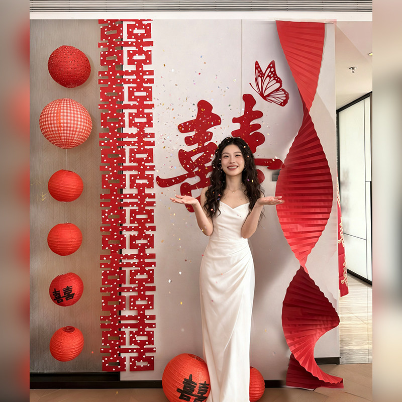 婚房布置套装新房新中式红色喜挂饰套装结婚客厅卧室拉花囍字晨袍