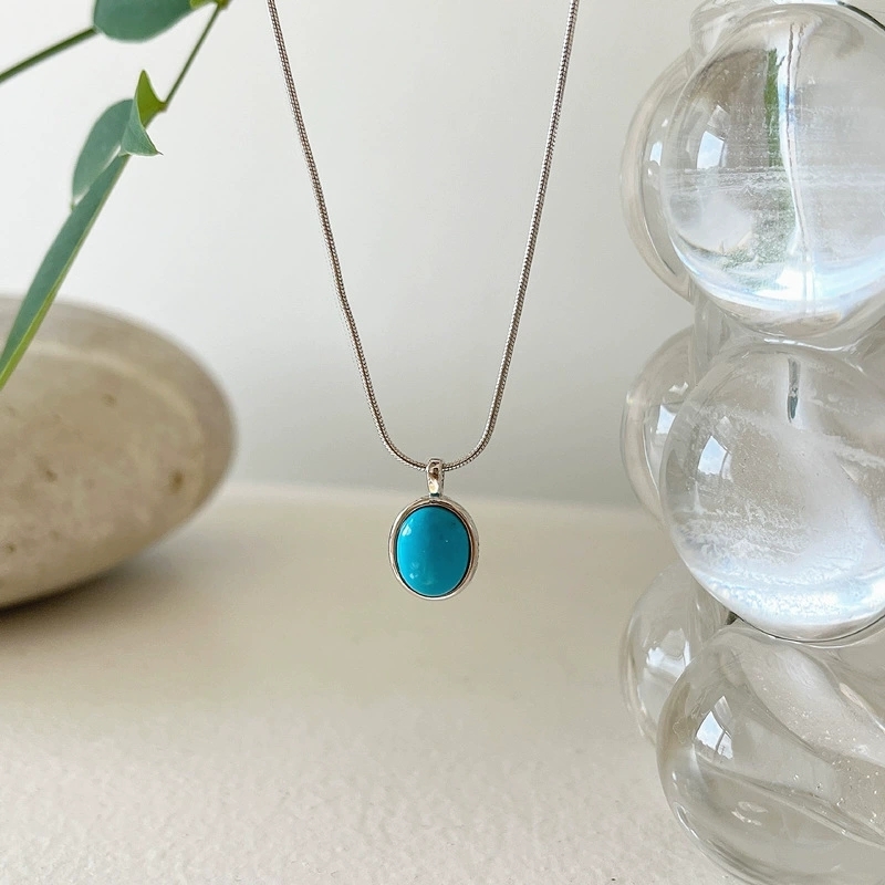 ITSMINE韩版925纯银高级感椭圆蓝松石蛇骨项链气质个性女小众设计
