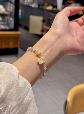 18k金蝴蝶手链马卡龙碧玺珍珠手串生日礼物送女友闺蜜新中式国潮