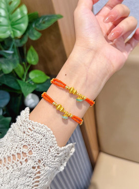 足金拉丝葫芦手链红玛瑙手串轻奢小众精致饰品生日礼物送女友闺蜜