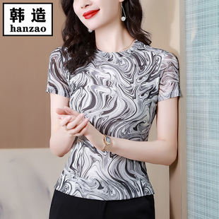 修身 新款 水墨印花網紗上衣女短袖 2025夏季 顯瘦舒適親膚打底衫