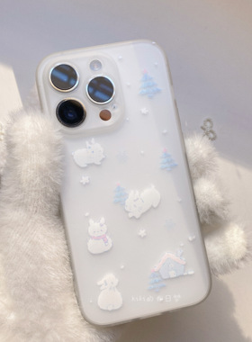 kiki白日梦原创/蓝色圣诞树下雪小兔子韩系冬天氛围感适用苹果iphone1415promax可爱手机磨砂透明壳软壳