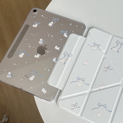 kiki原创/蓝色蝴蝶结星星可爱荔枝纹ipad肤感三折Y折磁吸保护壳带搭扣air65/4平板套pro11寸可拆