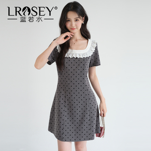 新款 胖MM蕾丝方领波点连衣裙2026夏装 收腰A字裙YL 女装 蓝若水大码