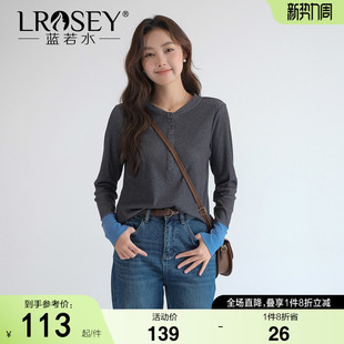 蓝若水大码 T恤 2026春装 新款 舒适针织上衣 修身 纽扣V领拼接长袖