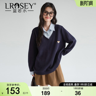 宽松针织衫 蓝若水大码 新款 胖mm假两件条纹翻领学院风卫衣春季 女装