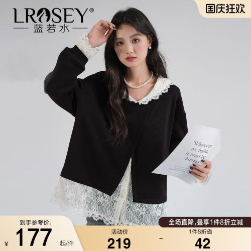 蓝若水蕾丝拼接卫衣假两件上衣