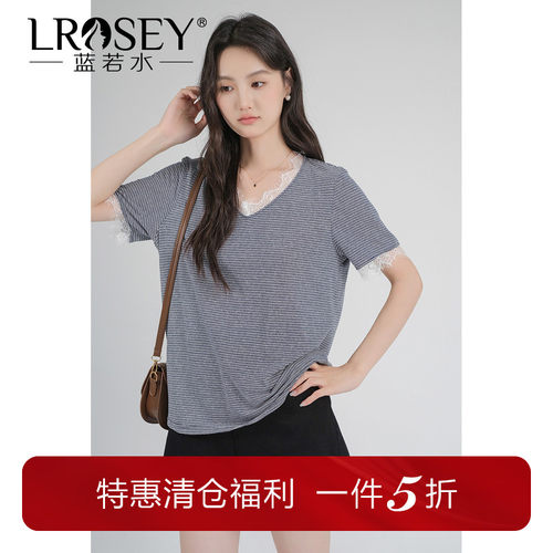 蓝若水V领蕾丝拼接显瘦短袖