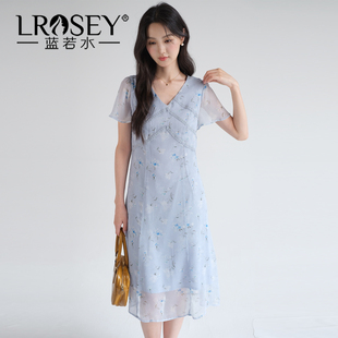法式 蓝若水大码 新款 2026夏装 V领碎花裙胖MM气质雪纺连衣裙YL 女装