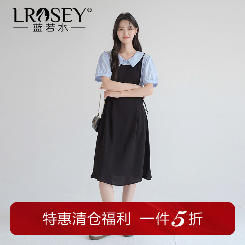 蓝若水大码女装2026夏装新款假两件连衣裙胖MM通勤遮肚雪纺a字裙
