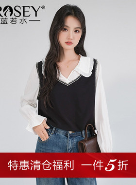 蓝若水大码女装设计感拼接假两件衬衫胖mm春季新款减龄翻领上衣