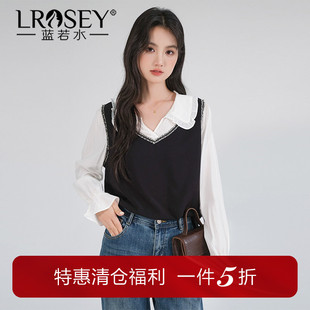 蓝若水大码女装设计感拼接假两件衬衫胖mm春季新款减龄翻领上衣