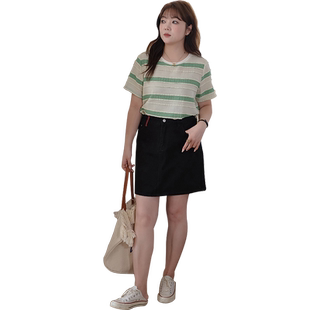 蓝若水大码女装撞色条纹短袖t恤胖MM夏装显瘦复古宽松百搭上衣