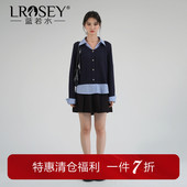 女装 假两件格子翻领针织衫 遮肚子胖mm春季 蓝若水大码 新款 炸街上衣