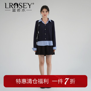 新款 蓝若水大码 遮肚子胖mm春季 假两件格子翻领针织衫 炸街上衣 女装