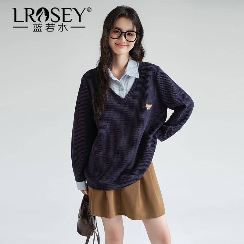 蓝若水假两件学院风宽松显瘦上衣