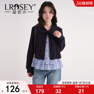 【蝴蝶结假两件格子衬衫】蓝若水大码2026春装新款法式荷叶边上衣