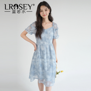 新款 2026夏装 蓝色方领印花雪纺裙胖MM甜美连衣裙YL 女装 蓝若水大码
