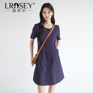 女装 韩版 复古双口袋连衣裙2026夏装 胖MM修身 A字裙 新款 蓝若水大码