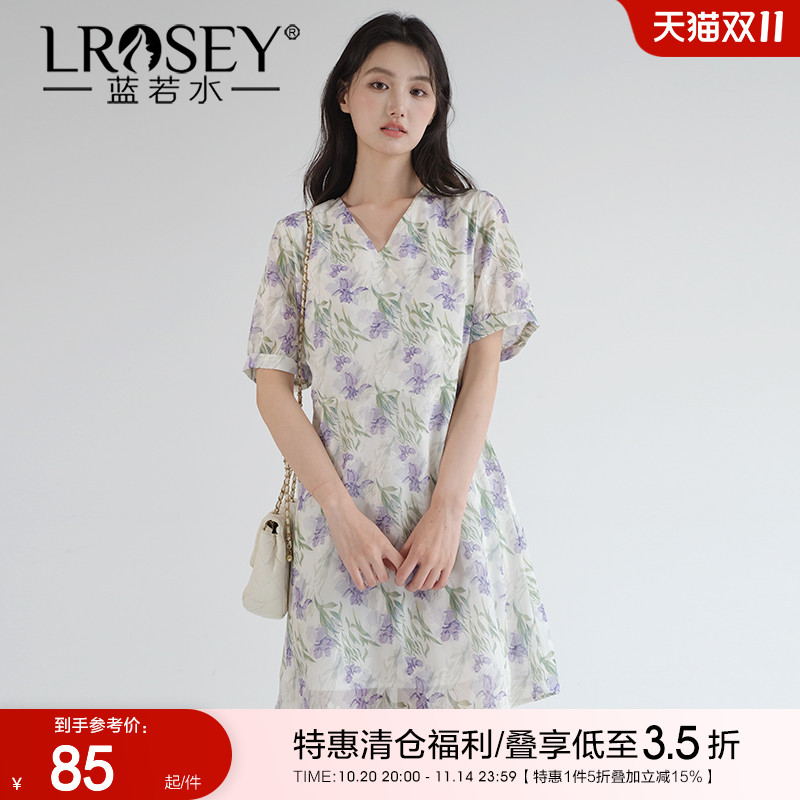 【田园风V领雪纺碎花裙】蓝若水大码2025夏装新款清纯初恋连衣裙