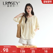 宽松文艺半袖 衬衣 2026春装 新款 日系压褶竖条纹衬衫 蓝若水大码