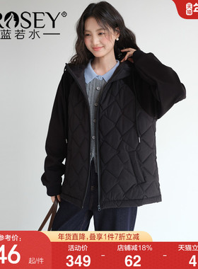 【菱格连帽拼接保暖棉衣】蓝若水大码2025冬装新款中长款夹棉外套