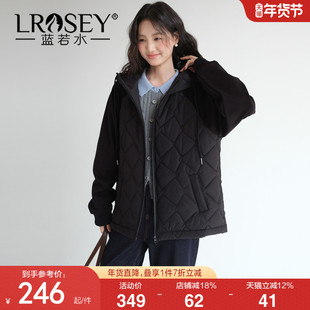 【菱格连帽拼接保暖棉衣】蓝若水大码2025冬装新款中长款夹棉外套