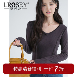 新款 蓝若水大码 胖MM2026春装 鱼骨线V领打底衫 正肩显瘦上衣 女装
