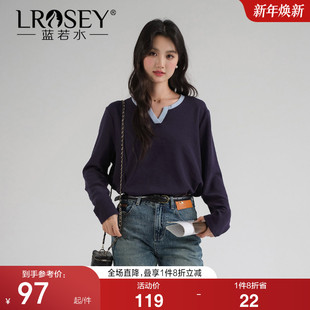 胖MM休闲韩版 蓝若水大码 撞色v领针织打底衫 2026春新款 宽松t恤 女装