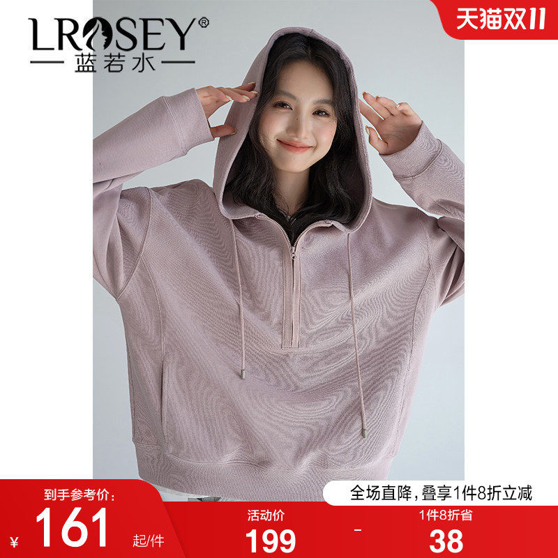 蓝若水大码女装美式半拉链连帽套头卫衣胖mm2026秋冬新款慵懒上衣