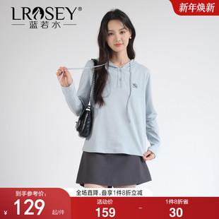 抽绳连帽套头针织衫 蓝若水大码 新款 2026春季 胖MM减龄刺绣上衣 女装