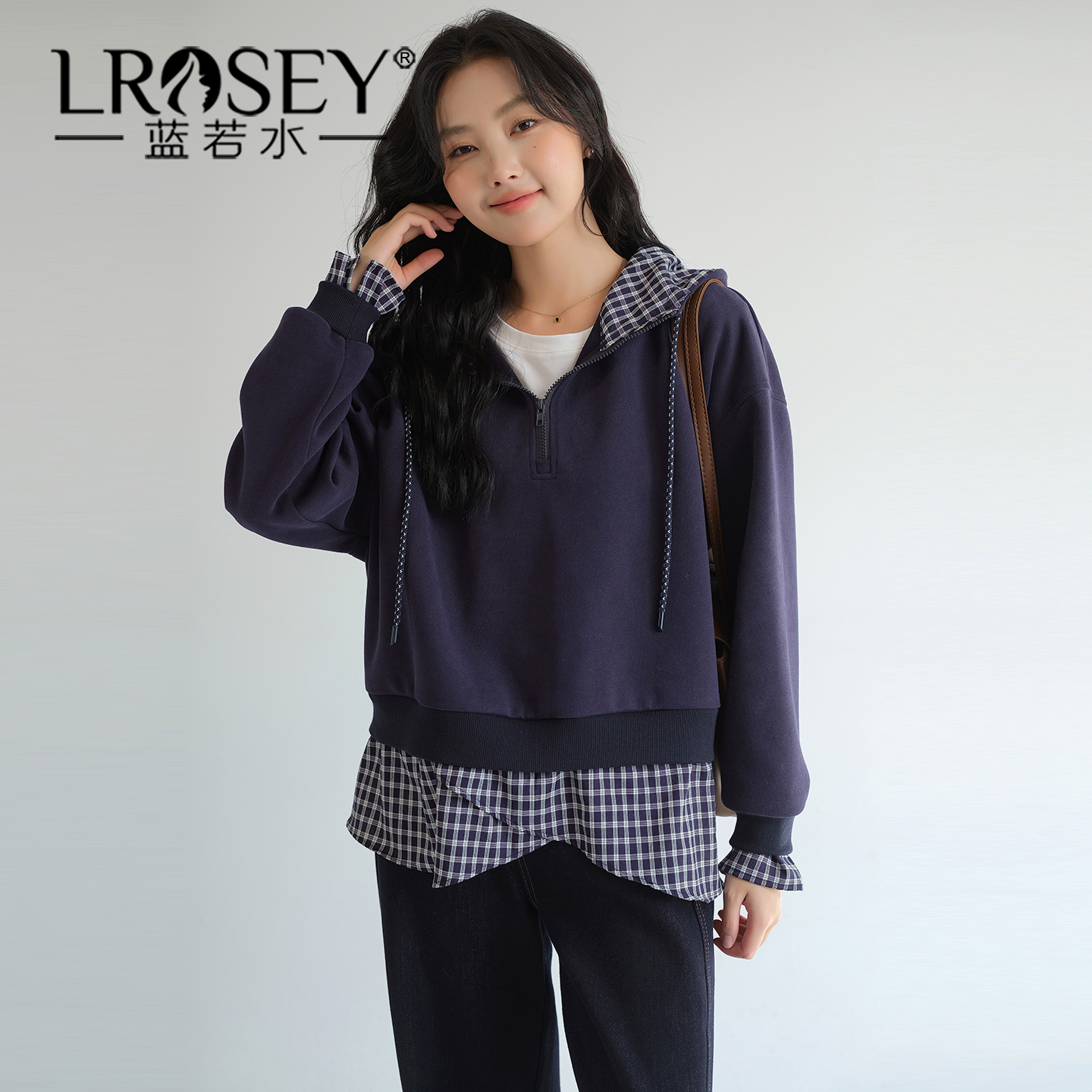 蓝若水设计感假两件显瘦上衣