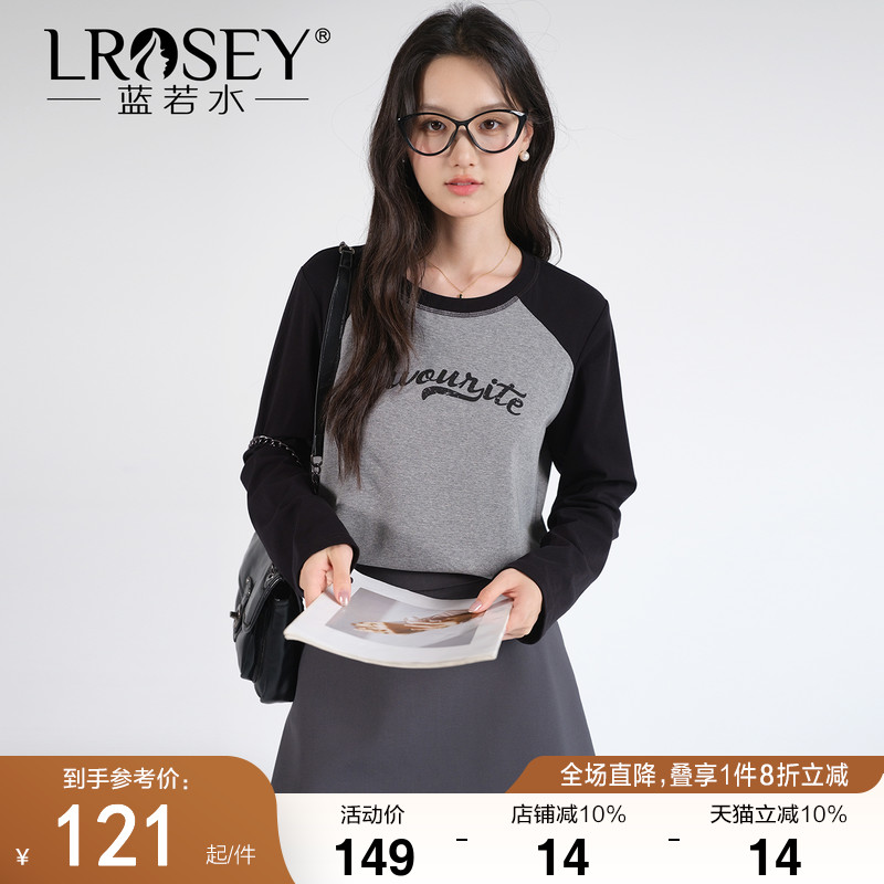 蓝若水美式复古插肩袖T恤上衣