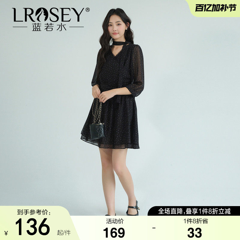 蓝若水大码女装飘带V领波点雪纺裙2026夏装新款胖MM度假风连衣裙