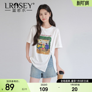 2026夏新款 蓝若水大码 别致宽松韩系上衣 chic油画印花开衩T恤