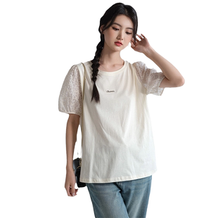 蓝若水大码女装绣花泡泡袖圆领T恤夏季新品胖mm显瘦时尚宽松上衣